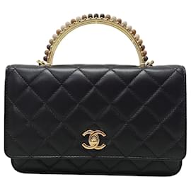 Chanel Mini borsa a tracolla in pelle di agnello con manico superiore e catena di perle nero