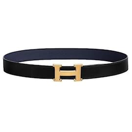 Hermès Cintura reversibile in pelle nera e blu navy da uomo con fibbia oro opaco