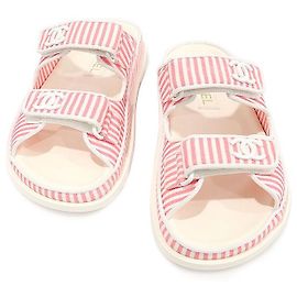 Chanel White Pink Stripe Cotton CC Logo Velcro Mule Women Sandal