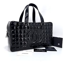 Chanel Borsa a mano Boston Bag Chocolate Bar Patent Black