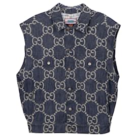 Gucci Chaleco de denim jacquard Jumbo GG estampado de piña azul marfil