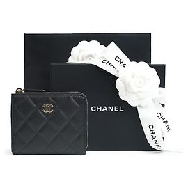 Chanel Cartera de tarjetas de cuero caviar con monedero con cremallera, set completo para regalo