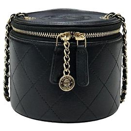 Chanel Kleines runder Vanity-Etui aus schwarzem Lammleder, vergoldet