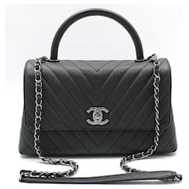 Borsa a Spalla Chanel Coco Handle Medium in Caviar Chevron Grigio Scuro Argento