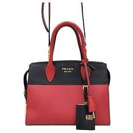Prada Saffiano Zweifarbiger Tote Schultertasche Schwarz Rot
