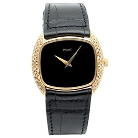 Piaget Orologio vintage unisex in pelle ultra sottile con movimento manuale, onice nero a forma di cuscino, taglia Medium