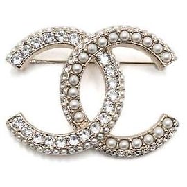 Chanel Gold Crystal Pearl CC Logo Brooch
