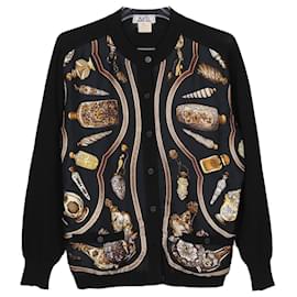 Hermès Strickjacke aus schwarzer Wolle und mehrfarbiger Seide mit Rundhalsausschnitt