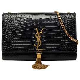 Borsa a tracolla Kate con nappa monogramma Saint Laurent in vernice nera con stampa coccodrillo misura Medium