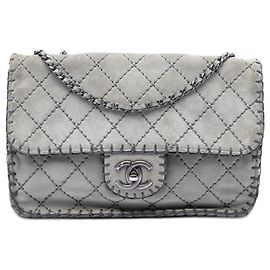 Chanel Gray Medium CC Quilted Suede Whipstitch Single Flap