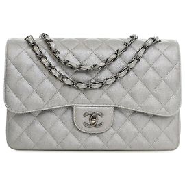 Chanel Silver Jumbo Classic Caviar Double Flap