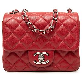 Chanel Red Mini Square Classic Caviar Single Flap