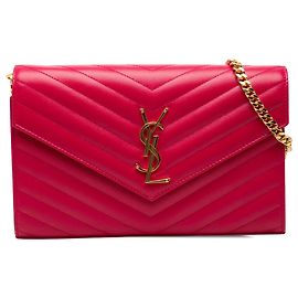 Saint Laurent Pink Grain De Poudre Chevron Monogram Envelope Chain Wallet
