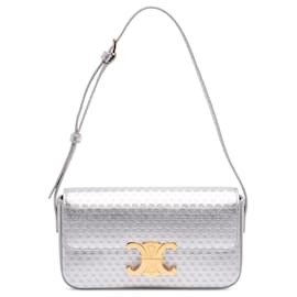 Borsa a tracolla Claude in pelle di vitello laminata con motivo Triomphe argento Celine - Céline
