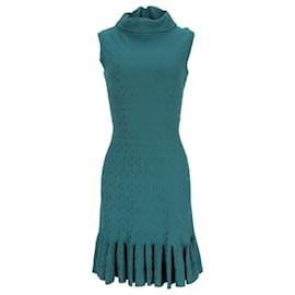 Mini abito Alaïa in viscosa jacquard con collo alto color ottanio