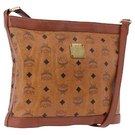 Borsa a Spalla MCM Vicetos Logogram PVC Pelle Marrone Oro Auth 192237