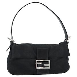 Borsa a tracolla FENDI Mamma Baguette in cotone nero argento Auth ar14086