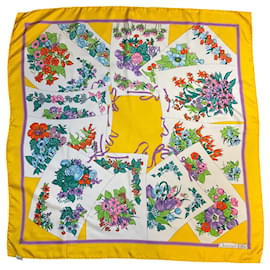 Sciarpa quadrata in twill di seta Christian Dior Vintage Gialla con stampa floreale multicolore