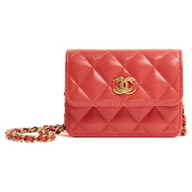 Chanel Sac Pochette Wallet On Chain Coral Pink Leather Golden CC Mini Bag New