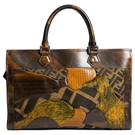 Borsa Tote Vintage Rara Fendi Marrone Zucca Pelle di Crine di Cavallo Patchwork Tela
