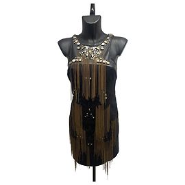 Abito con frange di perline nere Roberto Cavalli con scollatura in pelle e cristalli