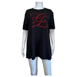 Camiseta de algodón negro Fendi con logotipo FF en cristales rojos