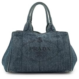 Jeans in denim blu Avio Borsa tote Canapa con stampa logo - Prada