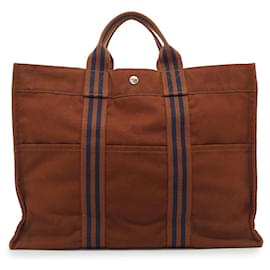 Hermès Borsa Tote Fourre Tout MM in tela di cotone a righe marroni e blu Hermes
