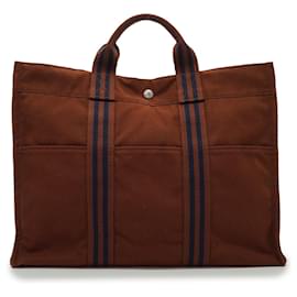 Hermès Borsa Fourre Tout MM in tela di cotone marrone e blu Hermes