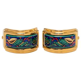 Hermès Gold Gold Plated Enamel Cloisonne Clip On Earrings
