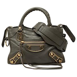 Balenciaga Gray Mini Goatskin Motocross Classic Metallic Edge City Satchel