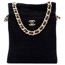 Borsa shopper Chanel Black CC in tweed di cotone con coulisse