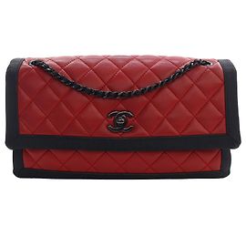 Chanel Rosso Medium CC Bicolore Trapuntato in Agnello Grosgrain Single Flap