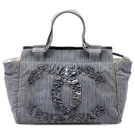 Chanel Blue CC Striped Canvas Shopper Tote Tasche