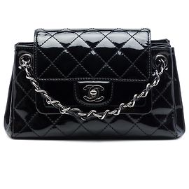 Chanel Black Small CC Quilted Patent Accordion Double Flap