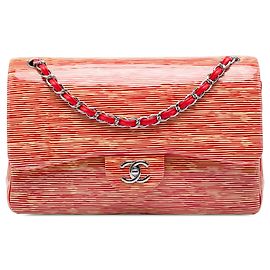 Chanel Red Jumbo Classic Patent Striped Double Flap