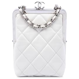 Clutch da sera Chanel White CC in acrilico trapuntato e pelle di agnello con catena