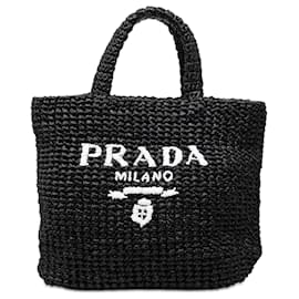 Prada Tote Schwarz Klein mit Raffia-Effekt, Häkeloptik und gesticktem Logo