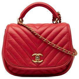 Chanel Mini Red CC Chevron Lambskin Reversed Round Flap