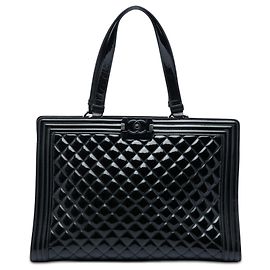 Chanel Black Large Quilted Patent Boy Shopping Tote