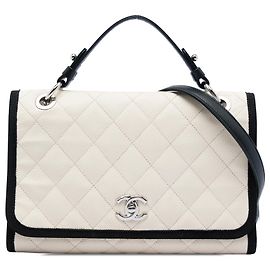 Chanel White CC Bicolor Matelassé Caviar e Grosgrain Top Handle Flap