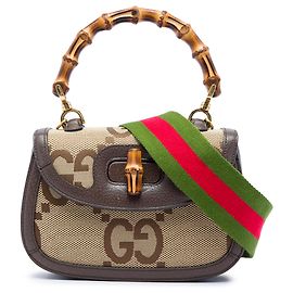 Borsa Gucci Beige Small Jumbo GG Canvas Web Bamboo 1947 con manico superiore