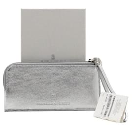 Metallic-Silber Leder-Pouch mit langem Portemonnaie - Brunello Cucinelli