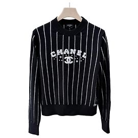 Chanel Jersey de cachemira para mujer con logotipo de rayas cc Negro