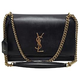 Saint Laurent Borsa a tracolla Large Chain Sunset in pelle di vitello nera con monogramma dorato