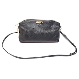 Clutch a tracolla in pelle di vitello granulata nera con motivo check - Burberry