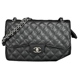 Chanel Borsa Classic Large Flap Nera Caviar Argento