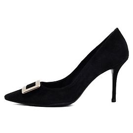 Roger Vivier Black Suede Gold-Tone Privilege New Buckle Pumps Women's Shoes
