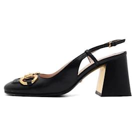 Horsebit Gold Logo Black Leather Slingback Heels - Gucci