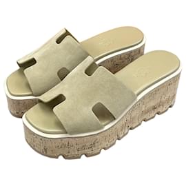 Sandali con tacco zeppa Eze Suede Beige - Hermès